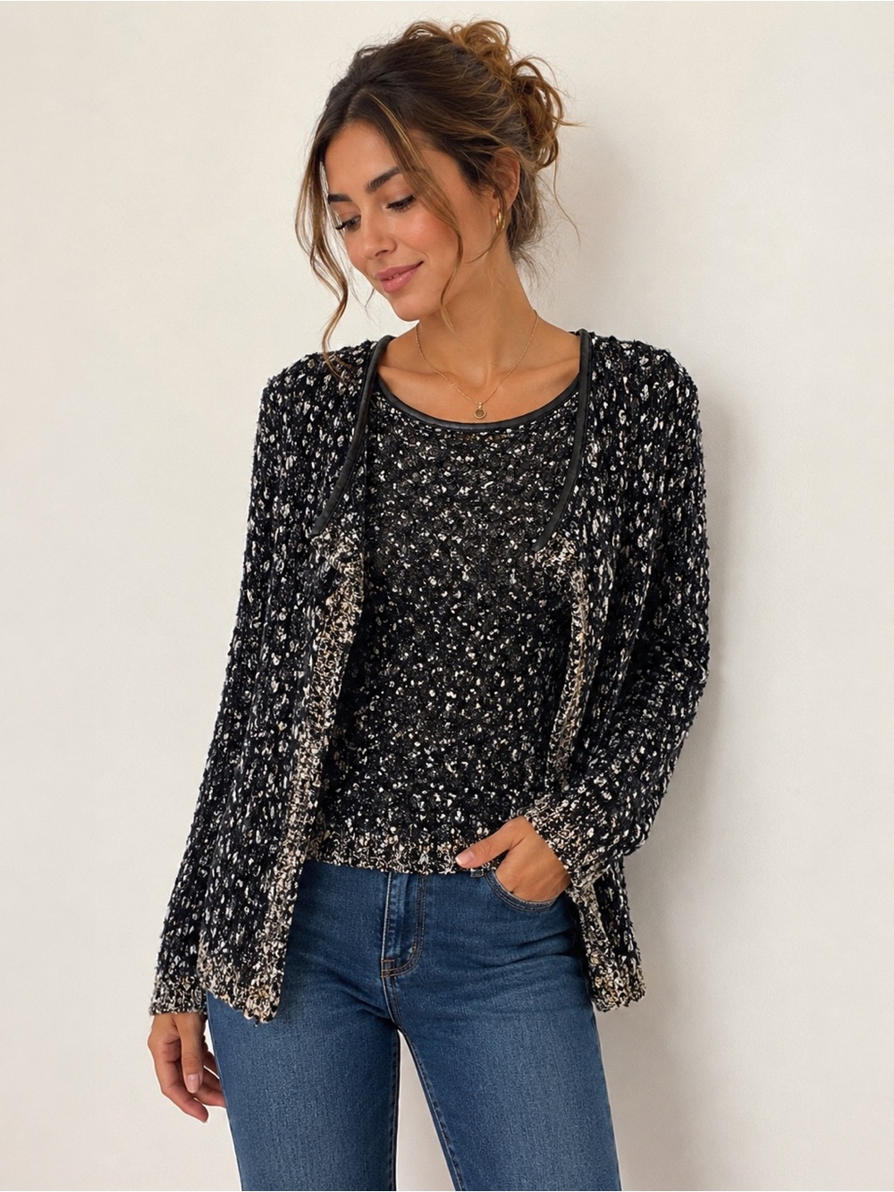 Goa Textured Open Knit Metallic Cardigan Sweater